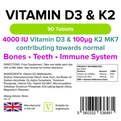 Vitamina D3 4000IU e Vitamina K2 de alta resistência 90 comprimidos de saúde imune - vitaminas autênticas