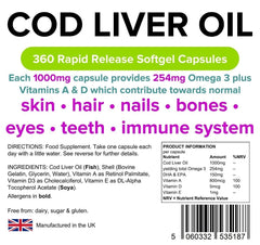 Olio di fegato di merluzzo capsule da 1000 mg (360 pacchetto) - vitamine autentiche