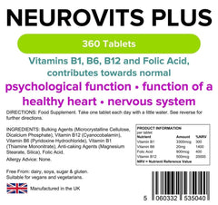 Neurovits Plus (B12 500mg + B1, B6, acido folico) compresse (pacchetto 360) - Vitamine autentiche
