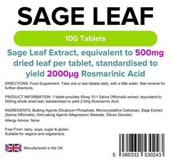 Comprimés de sauge (feuille de sauge 500 mg) (100 pack) - vitamines authentiques