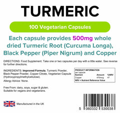 Curcuma (cappucci per radici intere) 500mg con pepe nero e rame (100 pacchetto) - vitamine autentiche