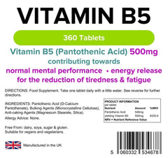 Vitamine B5 500 mg comprimés (pack 360) - vitamines authentiques