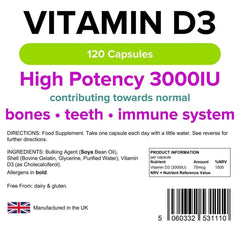 Capsule di vitamina D3 3000 IU (120 pacchetto) - vitamine autentiche