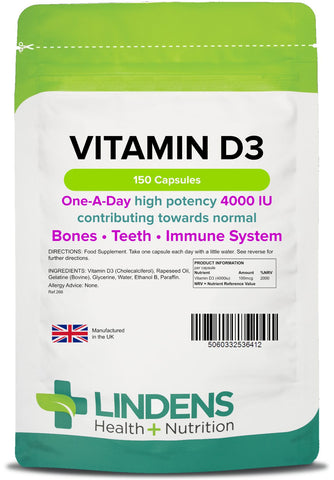 Vitamin D3 4000IU High Strength 150 Soft Gel Capsules, Immune Health Lindens