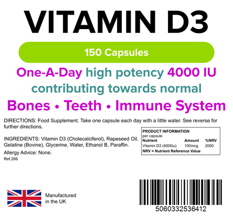 Vitamin D3 4000IU High Strength 150 Soft Gel Capsules, Immune Health Lindens