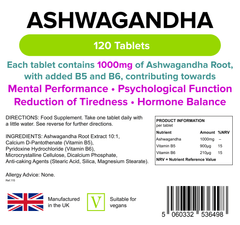 Lindens Ashwagandha 1000mg Tablets | 120 Pack | Added Vitamin B5 & Vitamin B6 - Authentic Vitamins