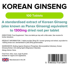 Korean Ginseng 1300mg Tablets (100 pack) - Authentic Vitamins